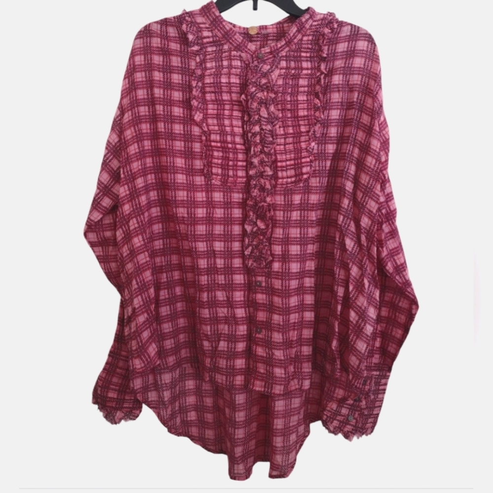 Free People One Miles Plaid Ruffle Tuxedo Shirt Pink Red Size Medium